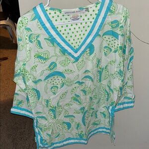 Gretchen Scott Designs Green and Blue Leaf V-Neck Blouse
